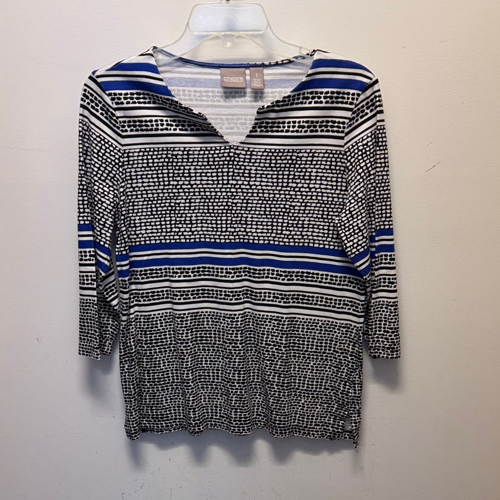 Chico's Black, White & Blue Mixed-Stripe Scoop Neck Top